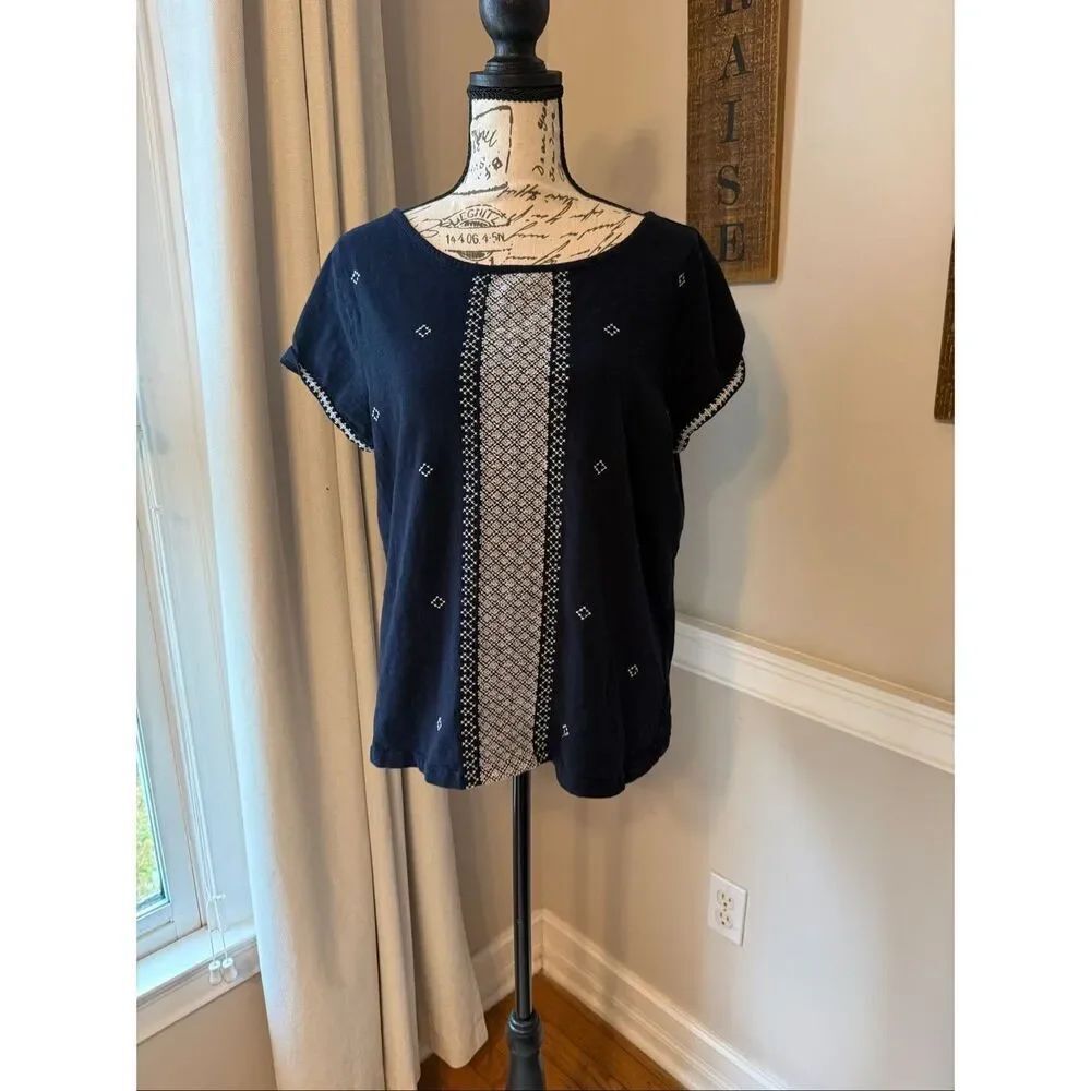 Talbots Women's Embroidered Cross Stitch Cotton T-shirt Navy Large Petite
